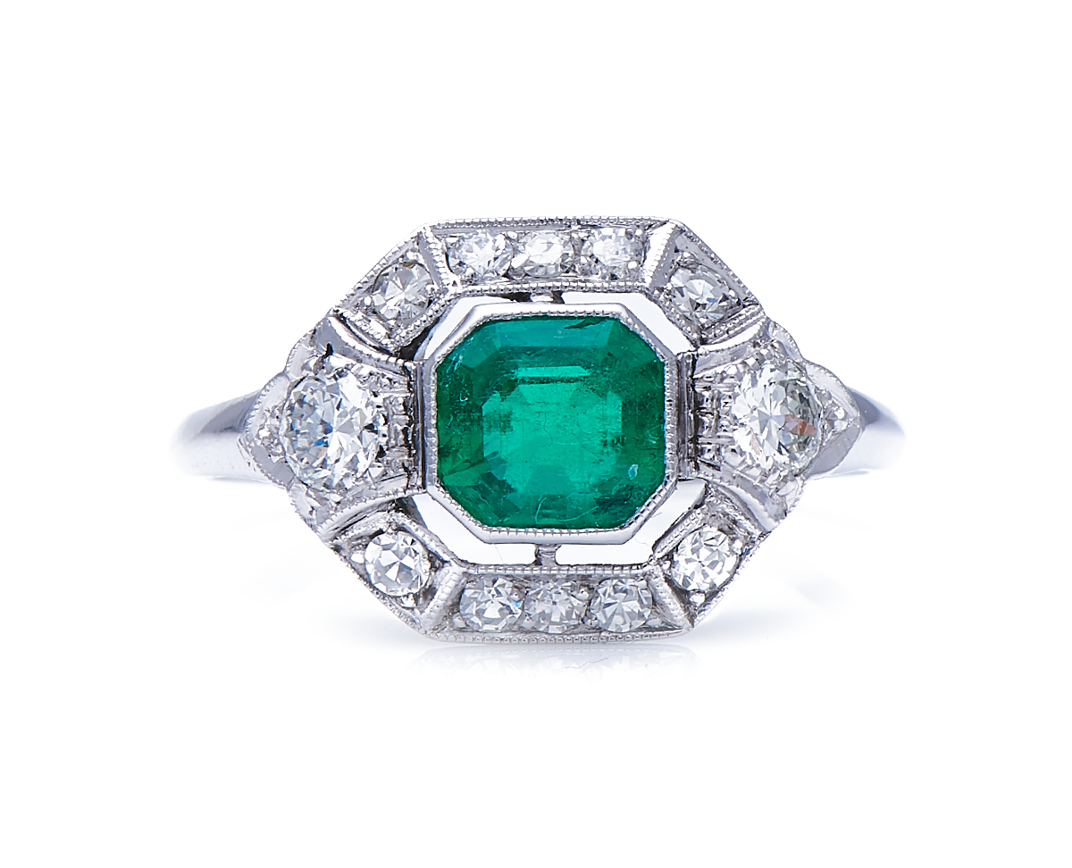 Antique, Art Deco, Platinum, 18ct White Gold, Emerald and Diamond Cluster Ring
