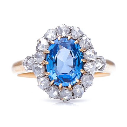 Antique, Edwardian, 18ct Gold, Natural ‘Cornflower’ Ceylon Sapphire and Diamond Cluster Ring