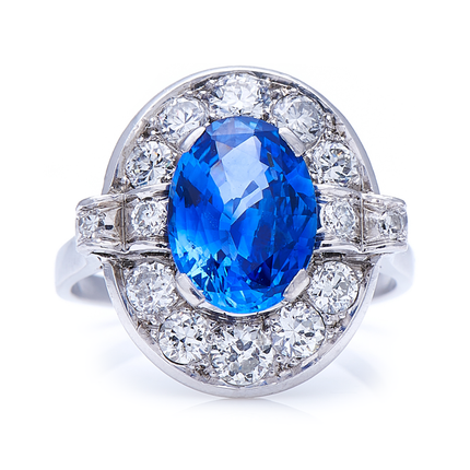 Antique, Art Deco, Platinum, French, Natural ‘Cornflower’ Ceylon Sapphire and Diamond Cluster Ring