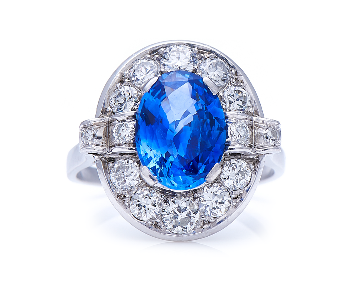 Antique, Art Deco, Platinum, French, Natural ‘Cornflower’ Ceylon Sapphire and Diamond Cluster Ring