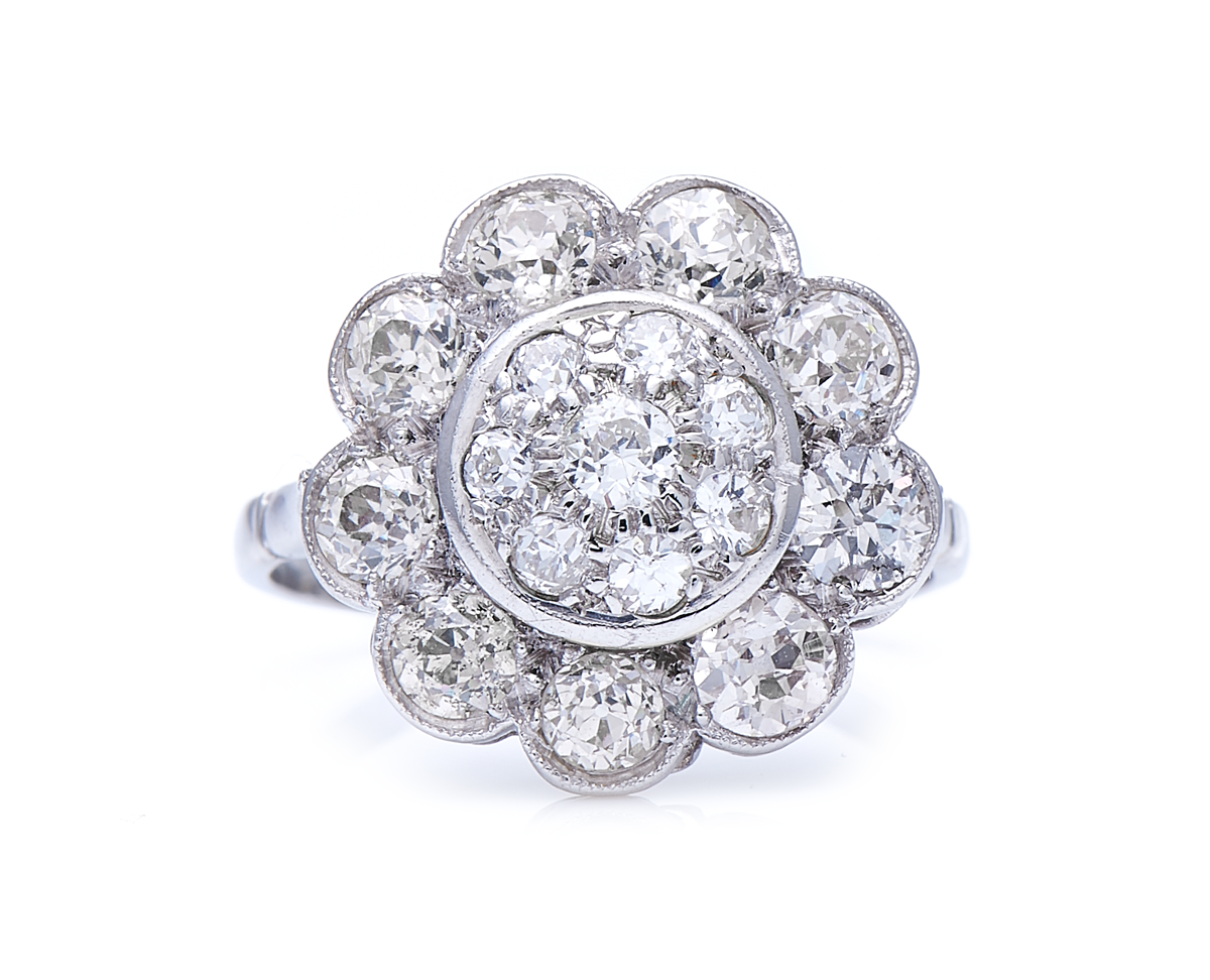 Art Deco, 18ct White Gold, Floral Diamond Cluster Ring