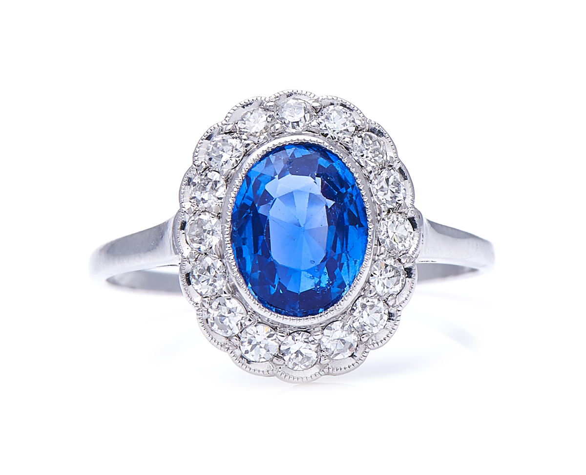 Antique, Edwardian, Platinum, Natural ‘Cornflower’ Ceylon Sapphire and Diamond Cluster Ring