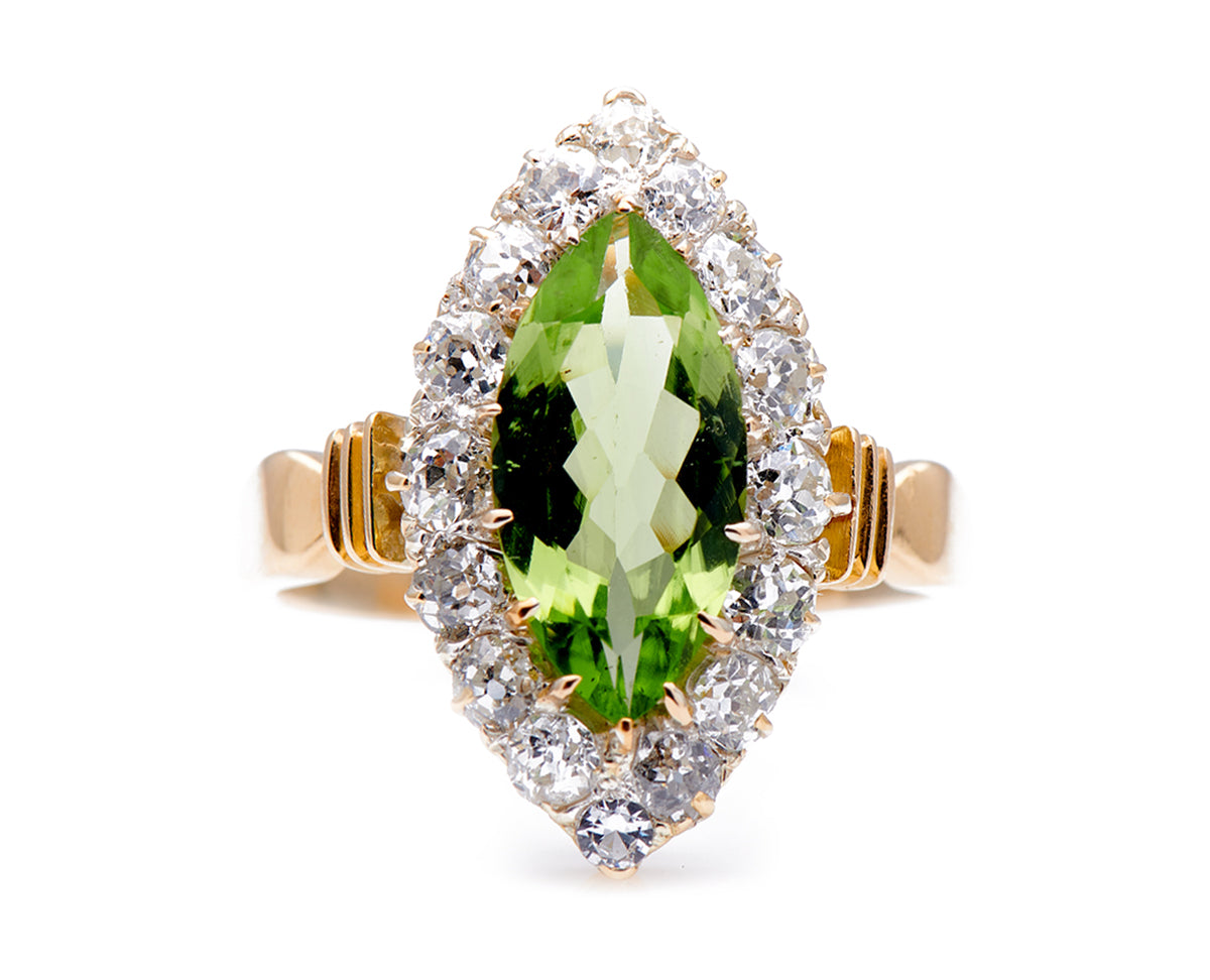 Antique Art Deco, 18ct Gold, Peridot and Diamond Marquise Cluster Ring | Antique Ring Boutique | Sustainable Antique Rings | Rare Antique Rings | Bespoke Untreated Vintage Antique Rings