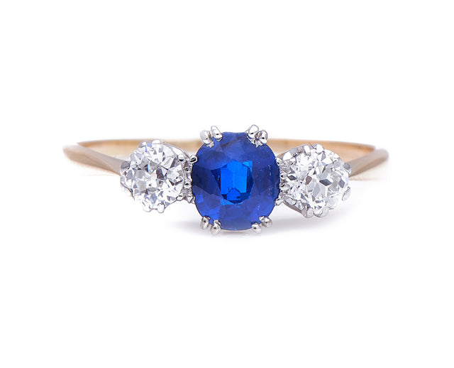 Antique-Edwardian-18ct-Gold-Platinum-Sapphire-Diamond-Three-Stone-Ring