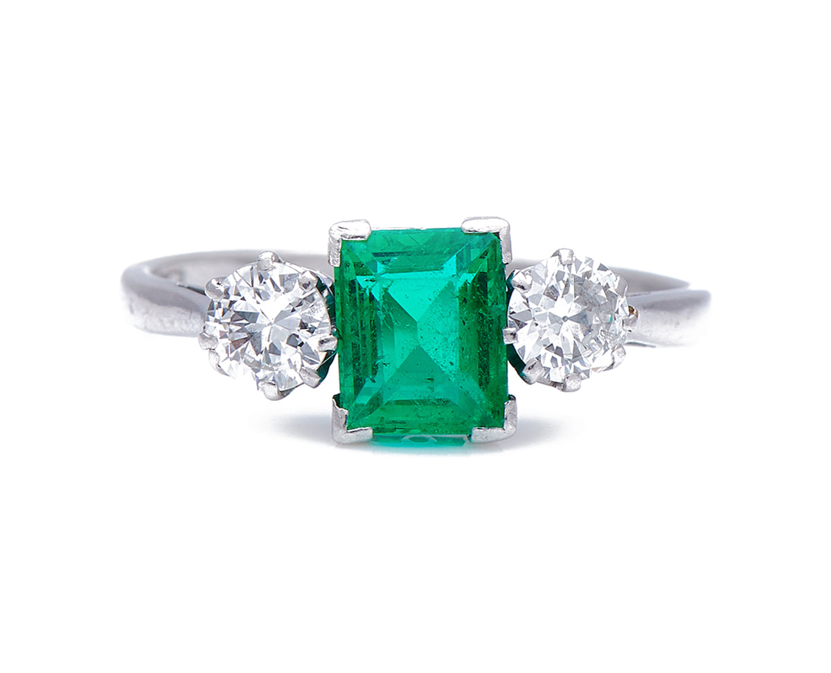 Art Deco, 1930's, 18ct White Gold, Platinum, Colombian Emerald and Diamond Ring  |Antique Ring Boutique | Sustainable Antique Rings | Rare Antique Rings | Bespoke Untreated Vintage Antique Rings
