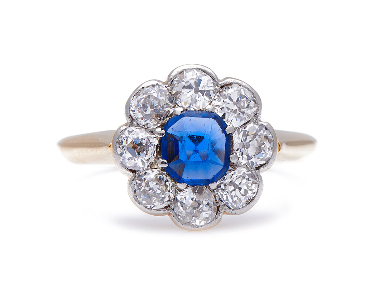 Antique-Art-Deco-18ct-Gold-Royal-Blue-Sapphire-Diamond-Engagement-Ring