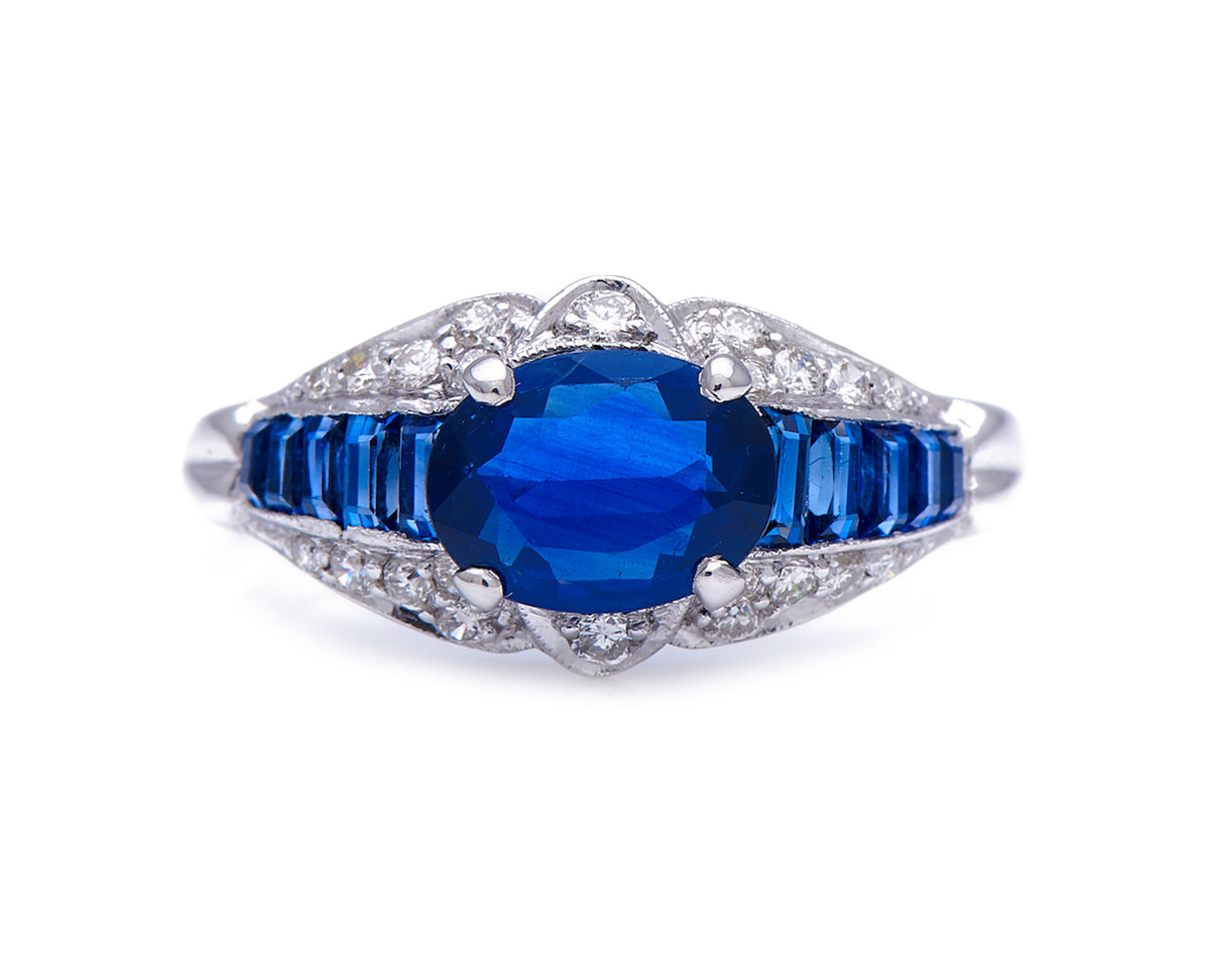 Mid Century, French, 1940's, Sapphire and Diamond Engagement Ring