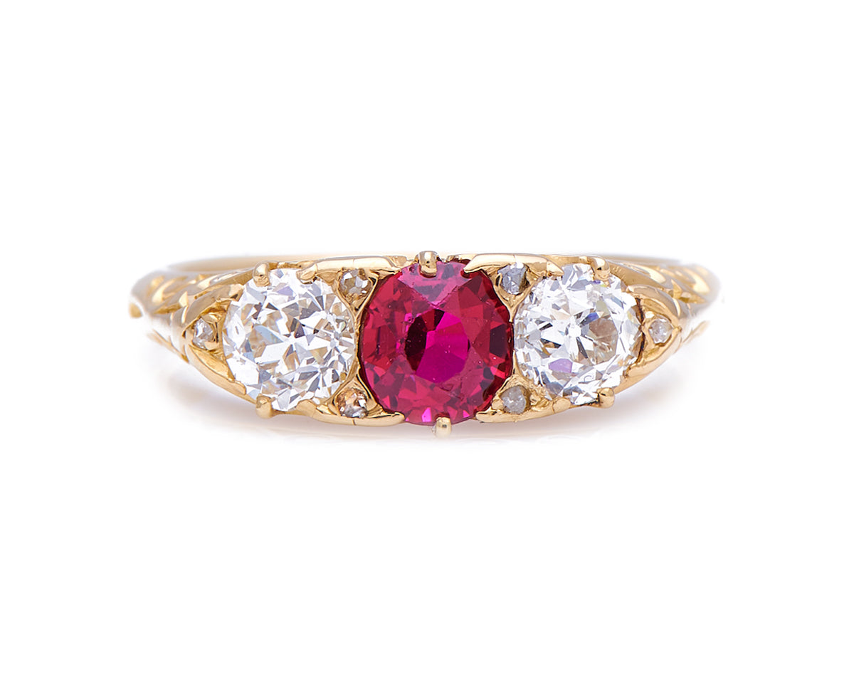 Victorian, 18ct gold, natural 'blood-red' Burmese ruby and diamond rin ...