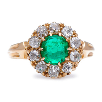 Antique Victorian, 18ct Gold Emerald and Diamond Cluster Ring