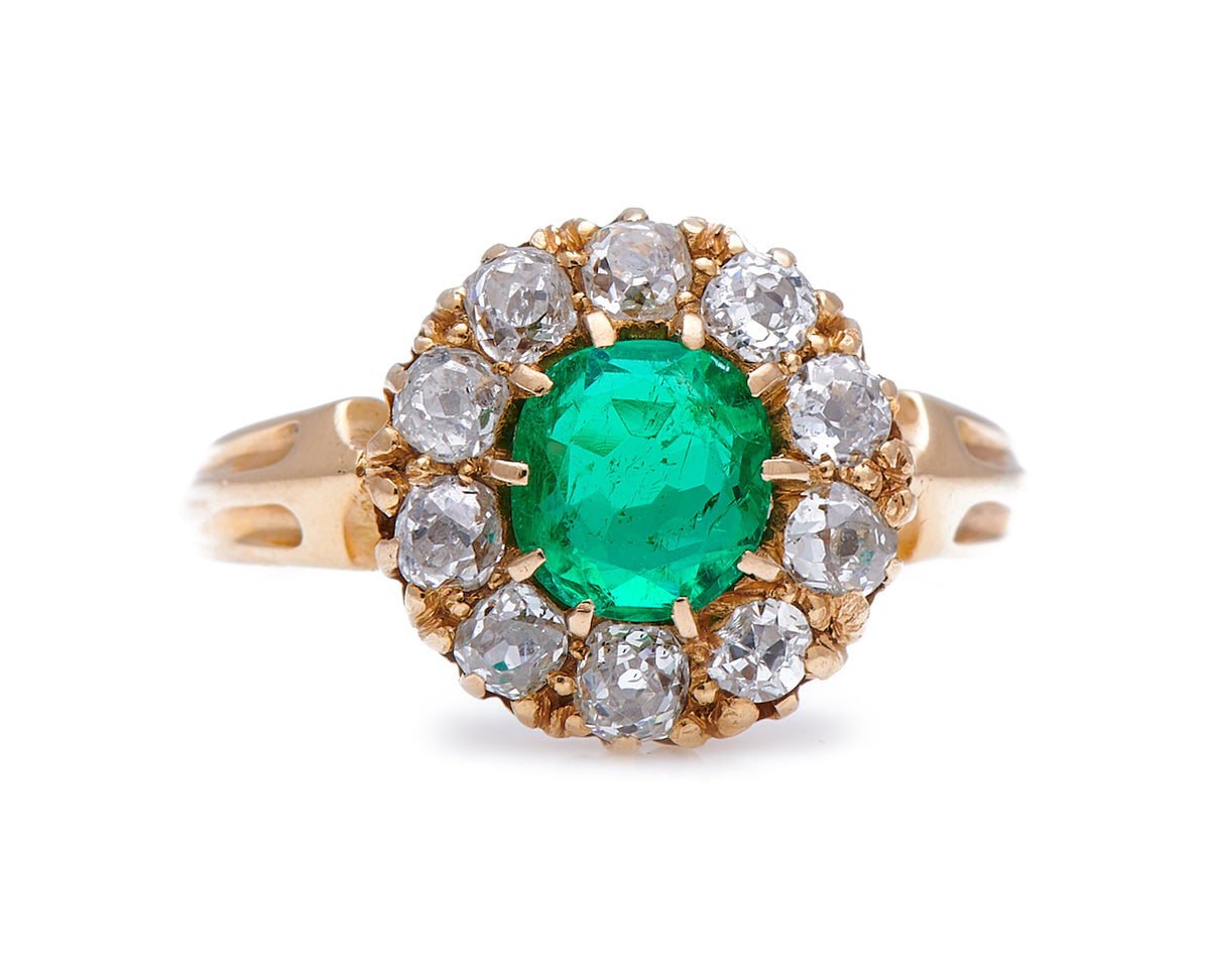 Antique Victorian, 18ct gold emerald and diamond cluster ring