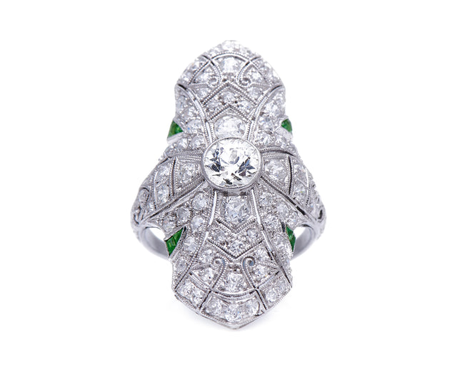 Antique-Art-Deco-Demantoid-Garnet-Diamond-Plaque-Ring