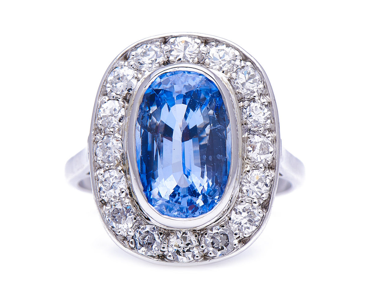 Mid Century, French, 1930's, Sapphire and Diamond Engagement Ring