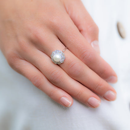 Edwardian, Platinum, Natural Pearl and Diamond Cluster Ring