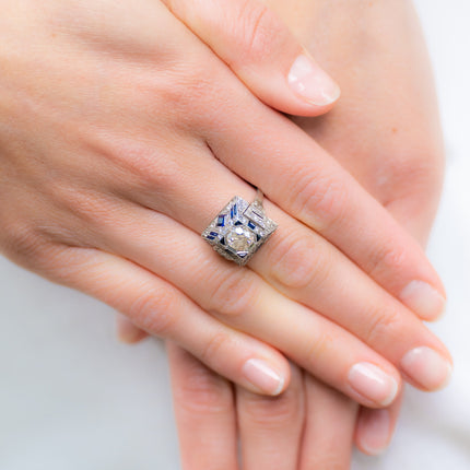 Art Deco, Platinum, Egyptian Revival Sapphire and Diamond Ring