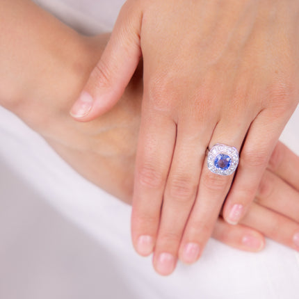 Art Deco 1930s Ceylon Cushion-Cut Sapphire and Diamond Cluster Engagement Ring