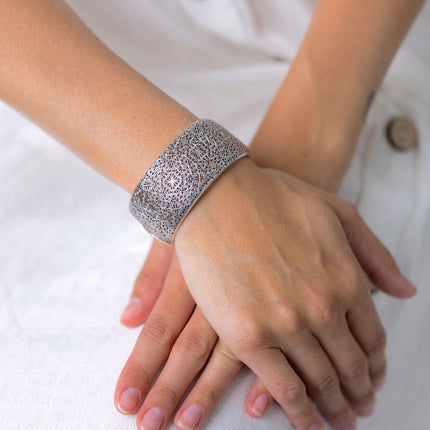 Vintage Bangle | Intricately Pierced Statement Piece, Fine Silver
