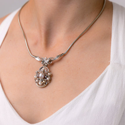 Antique | Stunning Natural Pearl and Diamond Necklace, White Gold