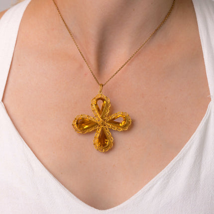 Antique-Georgian-Pendant-Brooch-Citrine-Yellow-Gold-Floral-Motif-Flower-18ct