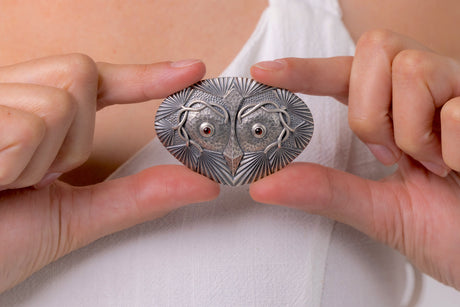 Secessionist Owl Pendant/Brooch with Garnet Eyes, Silver