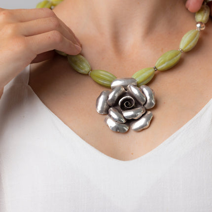 Onyx-art-Deco-Green-Flower-Statement-Large-Necklace-Solid-Silver