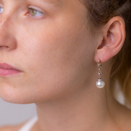 Art Deco | Pearl and Diamond Drop Earrings, 18ct Yellow Gold, Platinum
