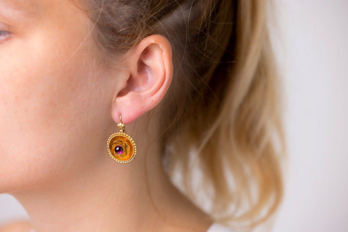 Victorian | cabochon garnet flower earrings, 15ct yellow gold