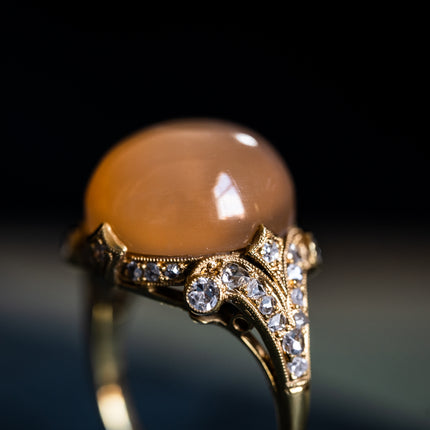 Belle Époque, 18ct Gold, Cabochon Peach Moonstone and Diamond Ring