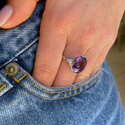 Tiffany & Co | Art Deco, Cabochon Amethyst and Diamond Ring, Platinum
