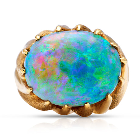 1970s-Black-Opal-Ring-Cabochon-Yellow-Gold-18-Carat-Ethereal 