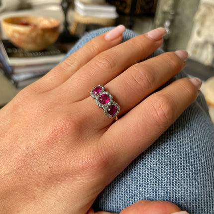 Antique Burmese Ruby and Diamond Cluster Ring, 18ct Yellow Gold