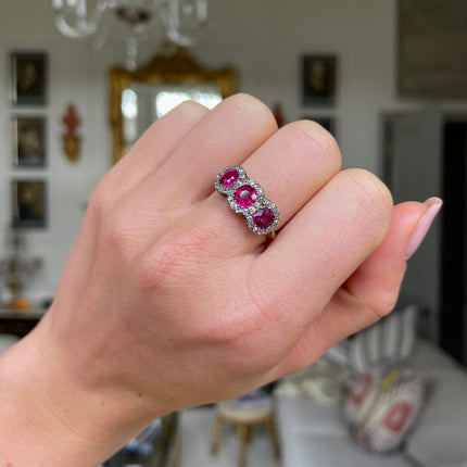 Antique Burmese Ruby and Diamond Cluster Ring, 18ct Yellow Gold