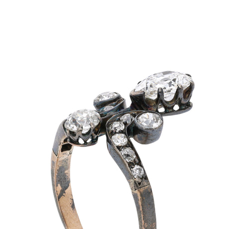 antique pear cut diamond ring, side view.