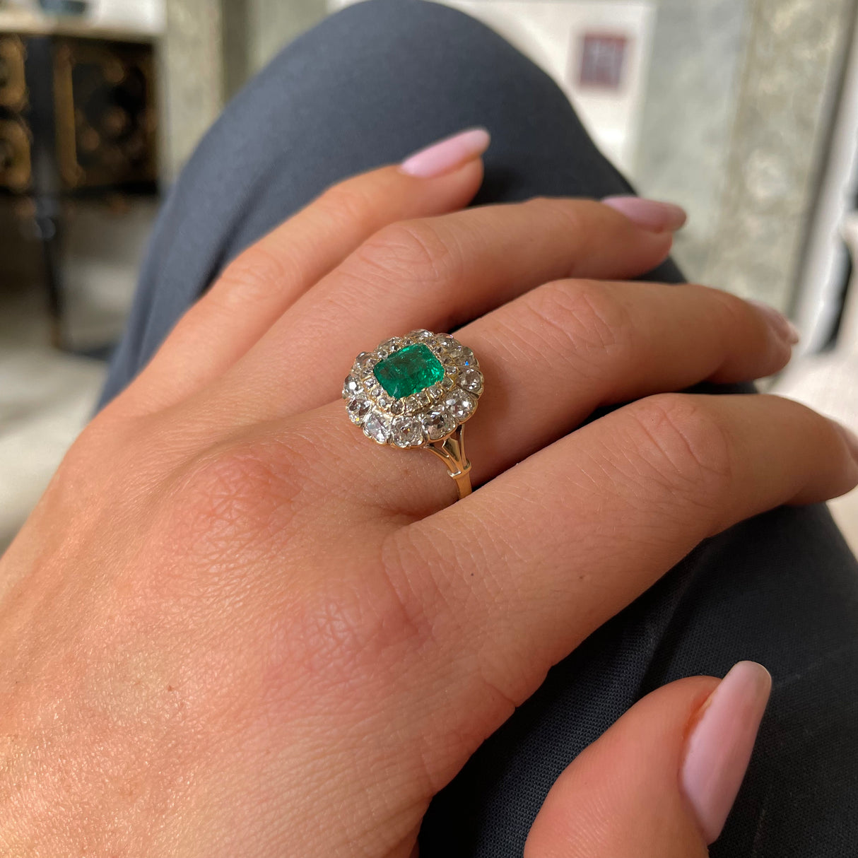 Antique, Victorian emerald and diamond cluster ring