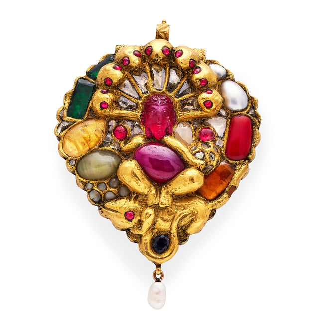 Mughal-Pendant-17th-Century-22-Carat-Gold-Enamel-Ruby-Stonework-Rare-Vintage-Pearl-Glasswork