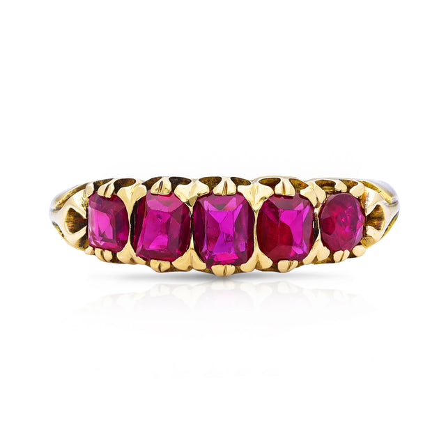 Edwardian five stone ruby band, front view. 