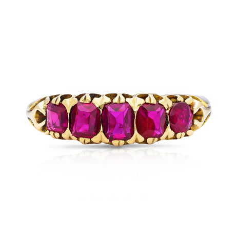 Edwardian five stone ruby band, front view. 