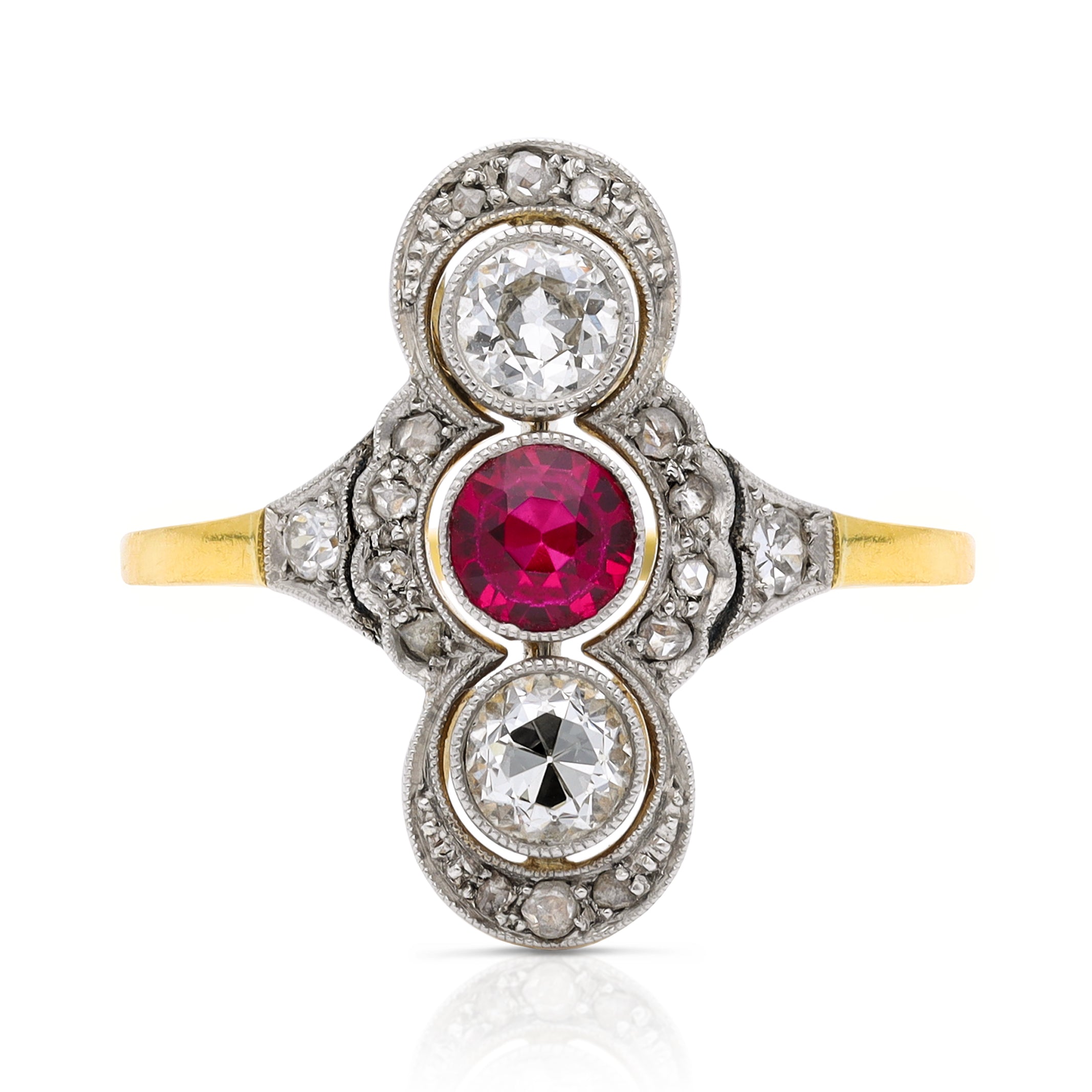 Antique belle epoque ruby and diamond ring, front view. 