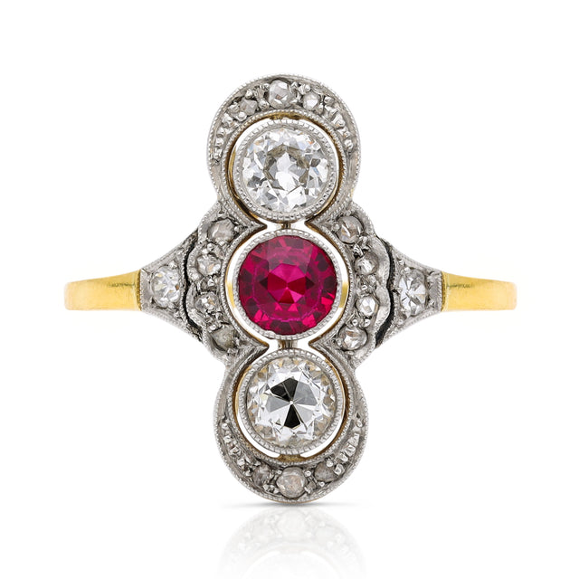 Antique belle epoque ruby and diamond ring, front view. 