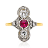 Antique belle epoque ruby and diamond ring, front view. 