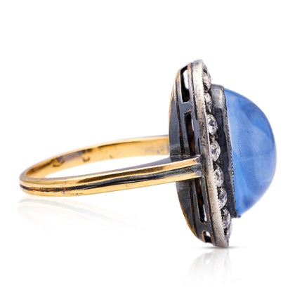 Antique | Edwardian, Cabochon Sapphire and Diamond Cluster Ring
