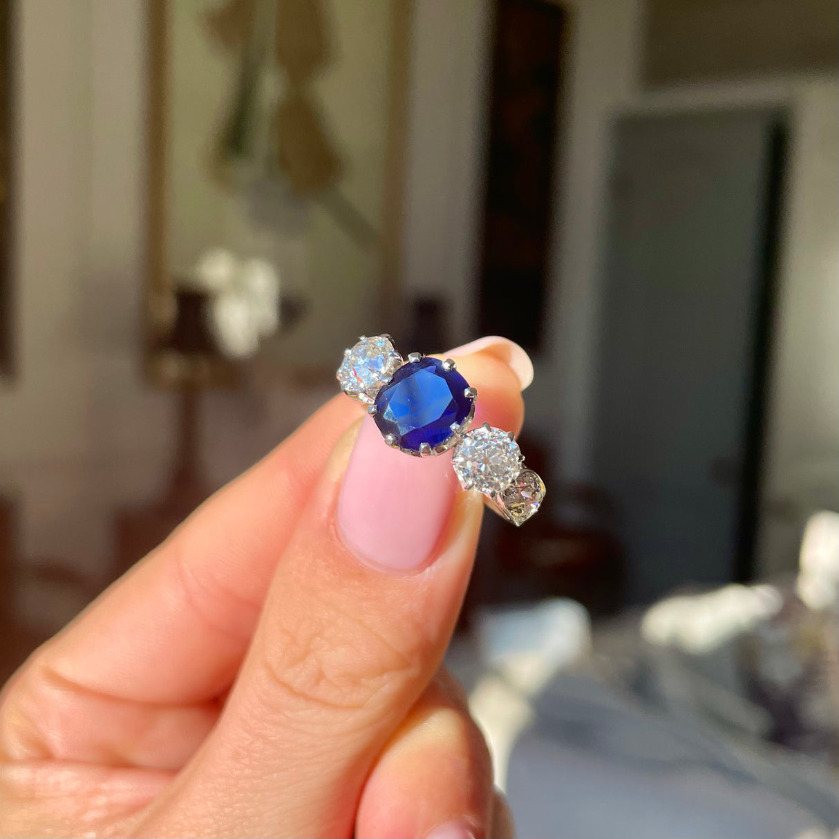 Engagement | Art Deco, French, Royal Blue Sapphire and Diamond Three Stone Ring