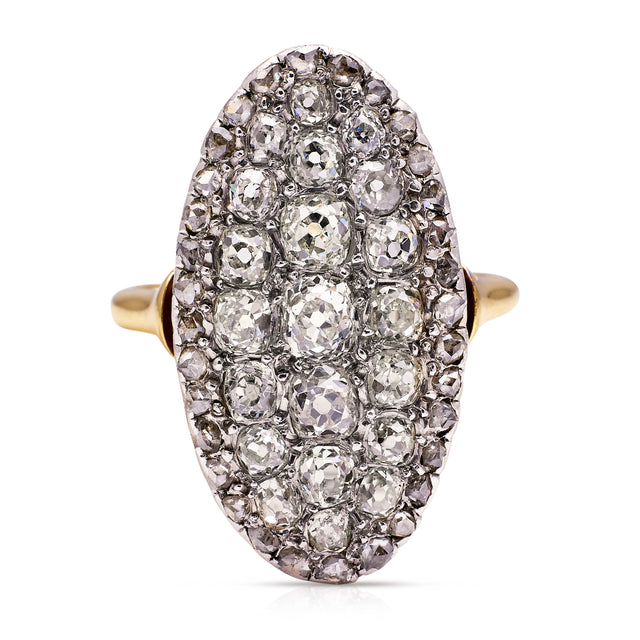 Victorian diamond panel navette ring, front view.