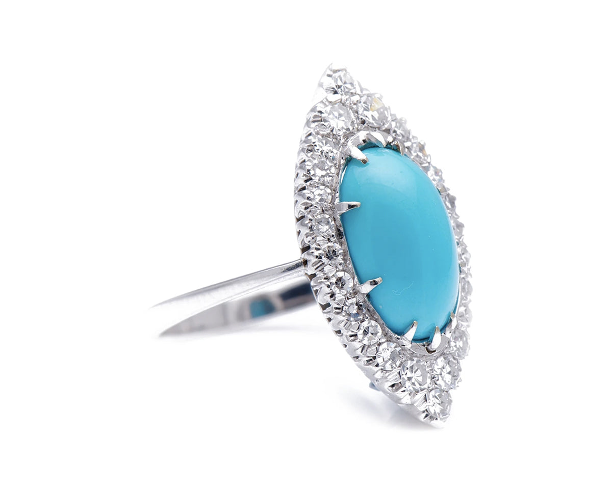 Antique Art Deco, 18ct White Gold, Natural Turquoise and Diamond Marquise Ring  |Antique Ring Boutique | Sustainable Antique Rings | Rare Antique Rings | Bespoke Untreated Vintage Antique Rings | An Antique Jewellery Company 
