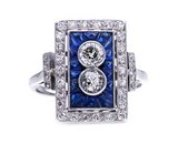 Antique Art Deco, French, Platinum, Diamond and Sapphire Ring