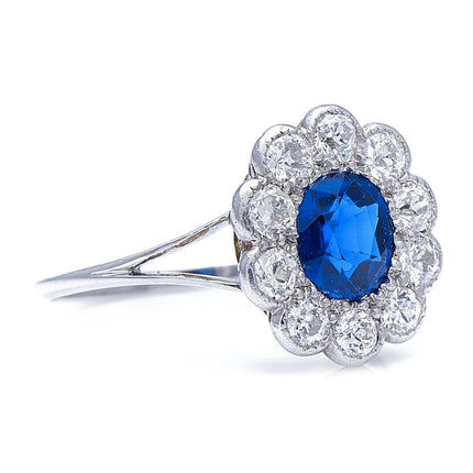 Art Deco, Platinum, Tiffany & Co. Sapphire and Diamond Cluster Ring, Original Box