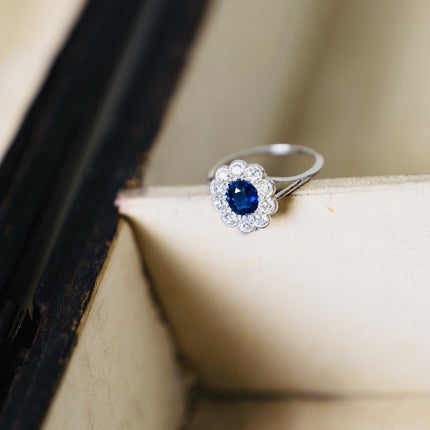 Art Deco, Platinum, Tiffany & Co. Sapphire and Diamond Cluster Ring, Original Box