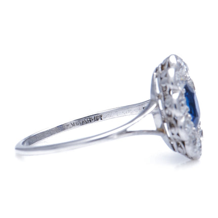 Art Deco, Platinum, Tiffany & Co. Sapphire and Diamond Cluster Ring, Original Box