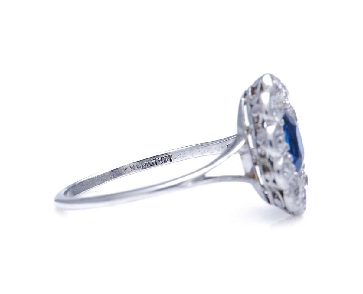 Art Deco, Platinum, Tiffany & Co. Sapphire and Diamond Cluster Ring, Original Box
