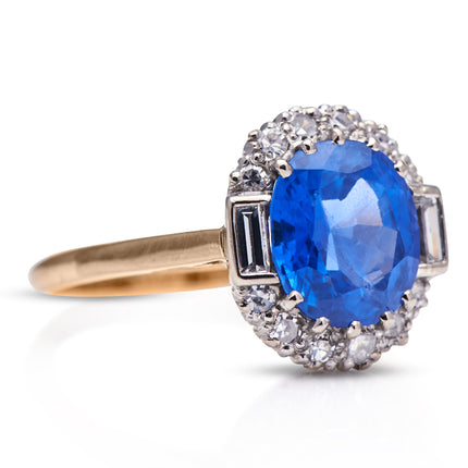 Art Deco Burmese Sapphire and Diamond Cluster Engagement Ring