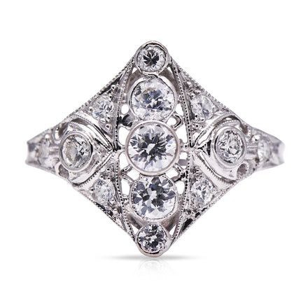 Antique-Art Deco-18ct-White-Gold-Diamond-Engagement-Ring